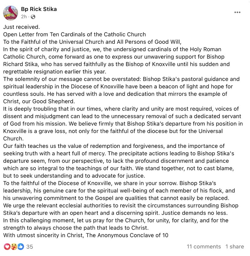 Facebook post by Bp Rick Stika, represented as an anonymous open letter by ten cardinals
