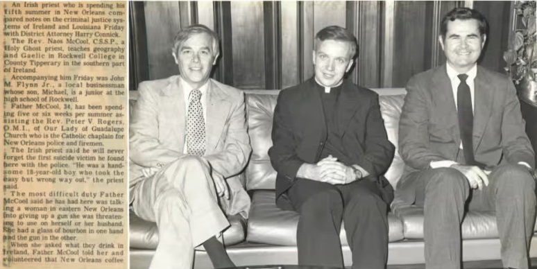 A newspaper article as well as a photo of Naos McCool, a Spiritan priest from Ireland, in black and in the clerical collar, in 1978. To the left (McCool’s right) is the New Orleans district attorney at the time, Harry Connick Sr, a renowned local Catholic of Irish descent. Photograph: Provided by Derek McCarthy and Jef McAllister