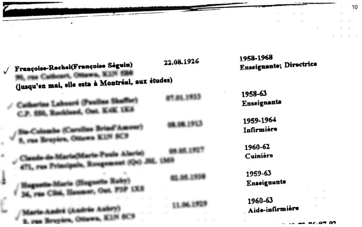 Sisters of Charity of Ottawa, 1994, List of staff at St. Anne's residential school in Fort Albany, Ont., page 10, showing Sr. Francoise Seguin