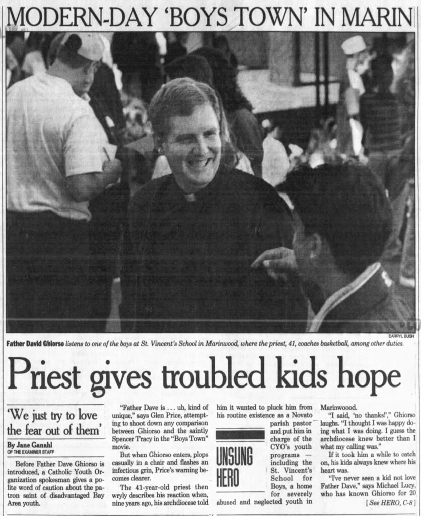 Father David Ghiorso, who faces multiple allegations of sexual abuse of young boys at St. Vincent’s School for Boys in San Rafael and a Sonoma County summer camp in the 1980s and 1990s, was profiled in the San Francisco Examiner on Oct. 23, 1994. (San Francisco Examiner clipping from October 23, 1994.)