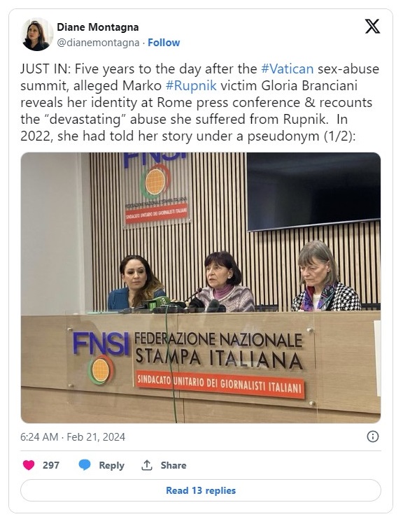 X Post by Diane Montagna @dianemontagna JUST IN: Five years to the day after the #Vatican sex-abuse summit, alleged Marko #Rupnik victim Gloria Branciani reveals her identity at Rome press conference & recounts the “devastating” abuse she suffered from Rupnik. In 2022, she had told her story under a pseudonym