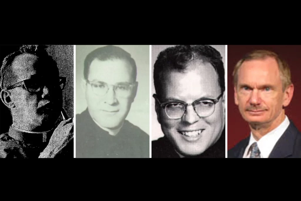 These Catholic priests in the Servite religious order have been accused of child sexual abuse, but are not on Chicago-area church lists of credibly accused members. Church officials won’t say why that is. From left: Mark Santo, Kevin Fitzpatrick, Donald Duplessis and John Huels.Sun-Times archives; St. Philip High School yearbook; Servite High School yearbook; Saint Paul University in Canada