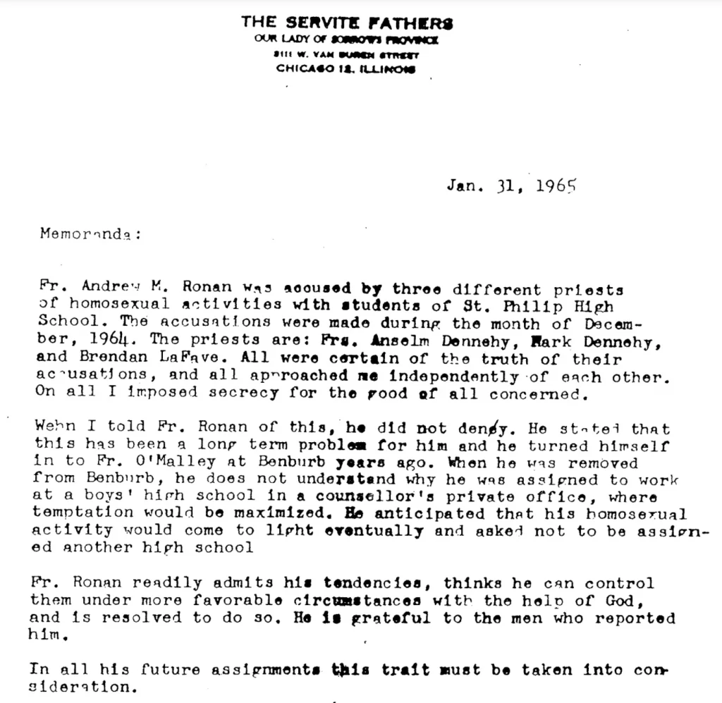 Một bản ghi nhớ của một nhà lãnh đạo Servite về những cáo buộc chống lại Linh mục Andrew Ronan ở Chicago vào những năm 1960. Tổng giáo phận Portland