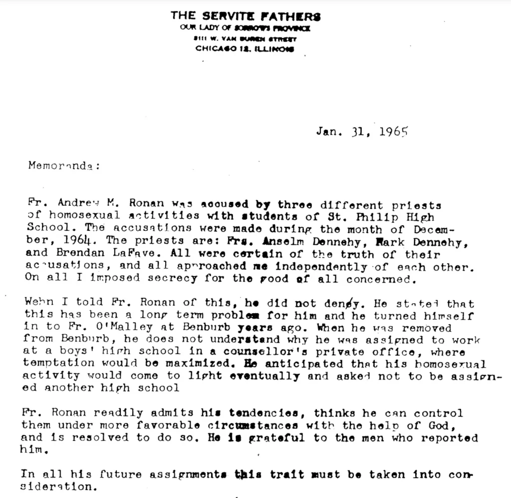 A memo from a Servite leader about allegations against the Rev. Andrew Ronan in Chicago in the 1960s.Archdiocese of Portland