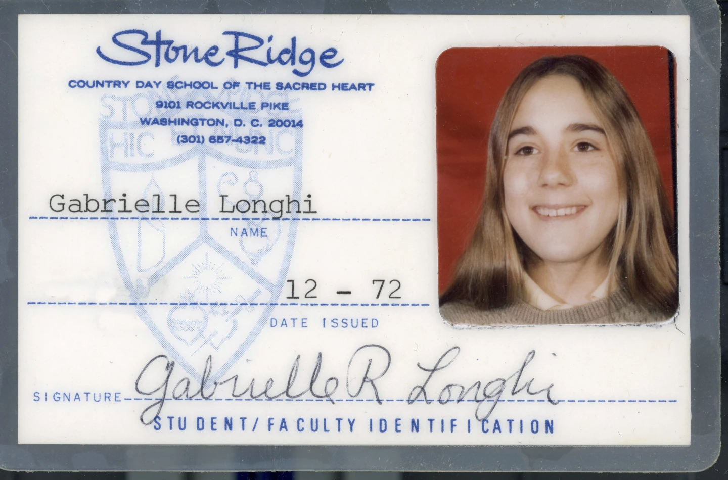 This image provided by Gabrielle Longhi shows her 1972 school identification card from Stone Ridge School of the Sacred Heart in Bethesda, Md. In a recent lawsuit, Longhi alleges she was sexually abused by a Catholic sister at the school. The sexual abuse of children by Catholic nuns often has been overlooked in the Catholic clergy abuse crisis, but survivors of nun abuse hope to raise awareness of the issue. (Courtesy of Gabrielle Longhi via AP)