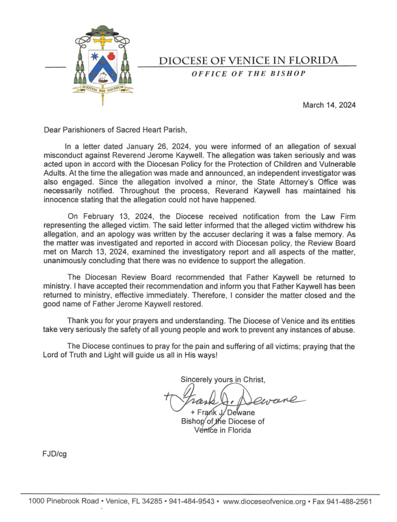 Bishop Frank J. Dewane, Diocese of Venice FL, Letter to Parishioners of Sacred Heart Parish in Punta Gorda FL, March 14, 2024, announcing the return to ministry of Fr. Jerome Kaywell