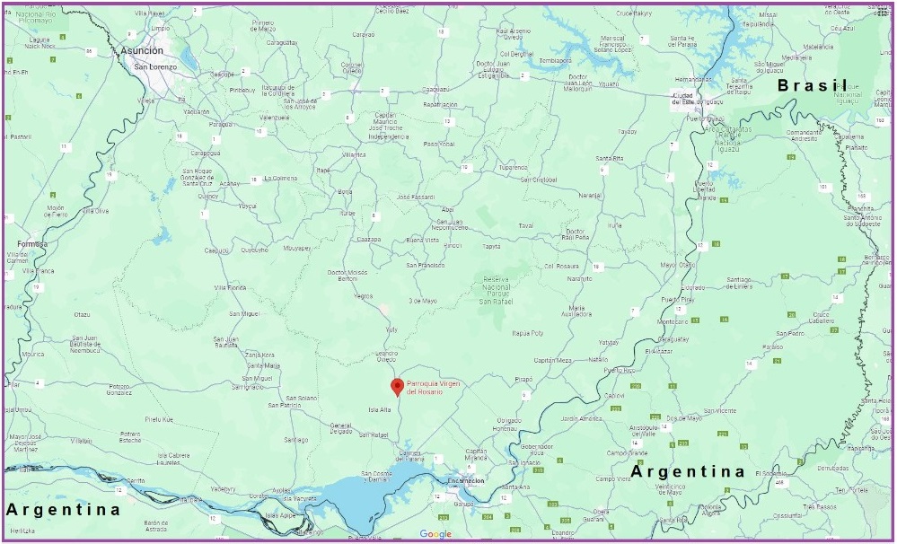 The parish of Our Lady of Rosary in General Artigas, Paraguay. Base Map from Google Maps.