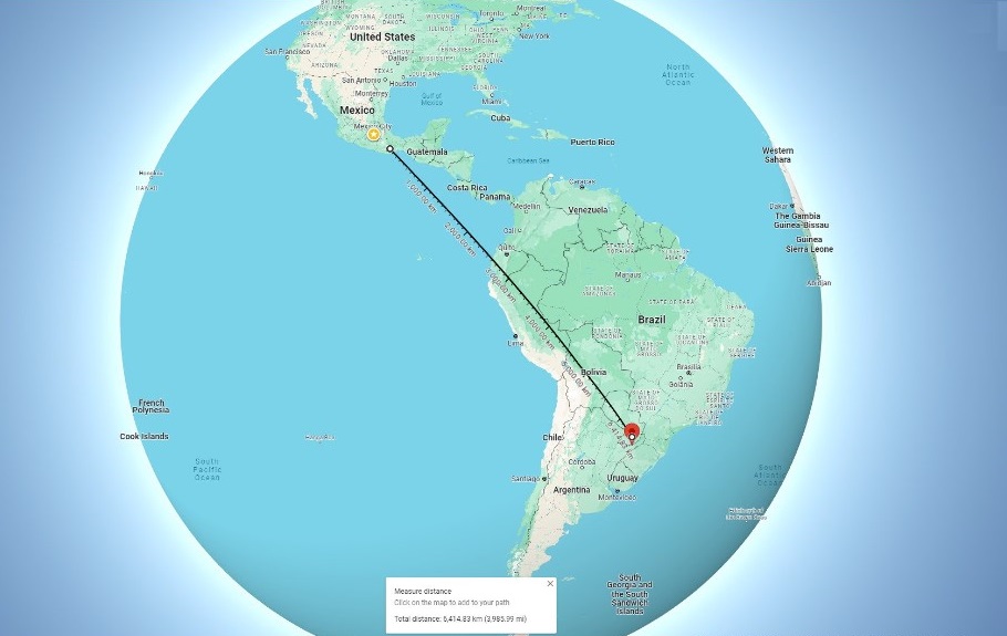 Almost four thousand miles, more than six thousand kilometers, from Mexico to Paraguay. Google Maps base map.