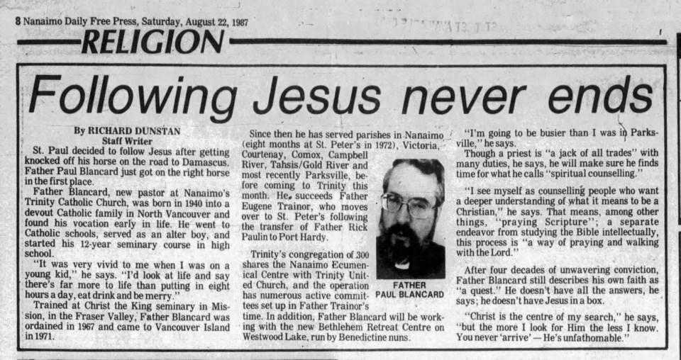 Then-Catholic priest Paul Blancard is featured in an Aug. 22, 1987 religion article in a Vancouver Island newspaper. By Nanaimo Daily Free Press