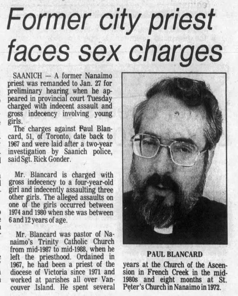 A Sept. 25, 1991 article in the Nanaimo Daily News reports on charges against ex-Catholic priest Paul Blancard. By Nanaimo Daily News