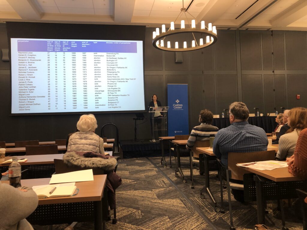 Doris Reisinger, Goethe University, presenting “‘There’s No Way You Can Have the Baby’: Pregnancies and Reproductive Coercion in the Context of Clergy Sexual Abuse” during the Gender, Sex, and Power Symposium at Notre Dame, March 28, 2022
