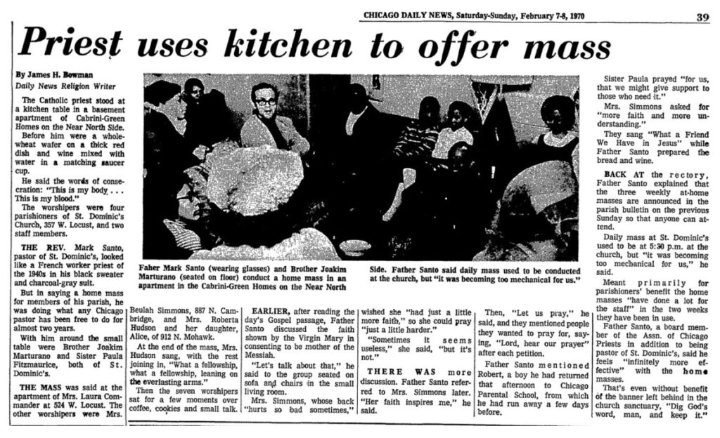The Rev. Mark Santo was featured in a 1970 story in the Chicago Daily News.