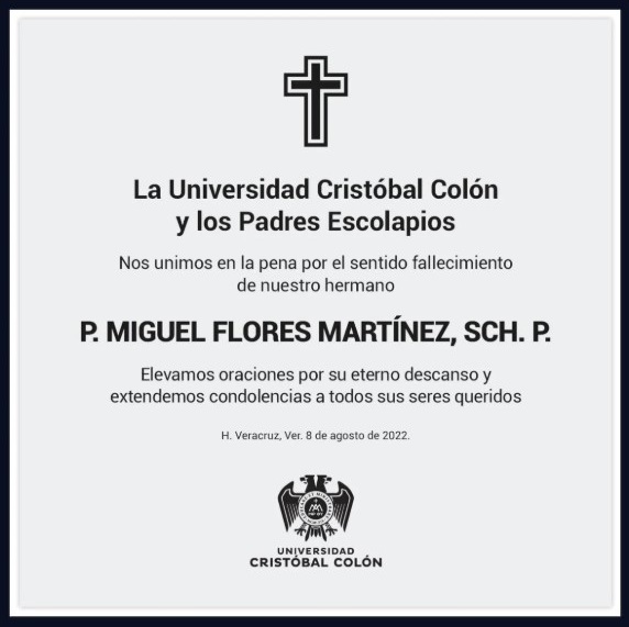 A notice from the order's flagship college in Veracruz, Mexico, letting know about Flores Martínez's death.