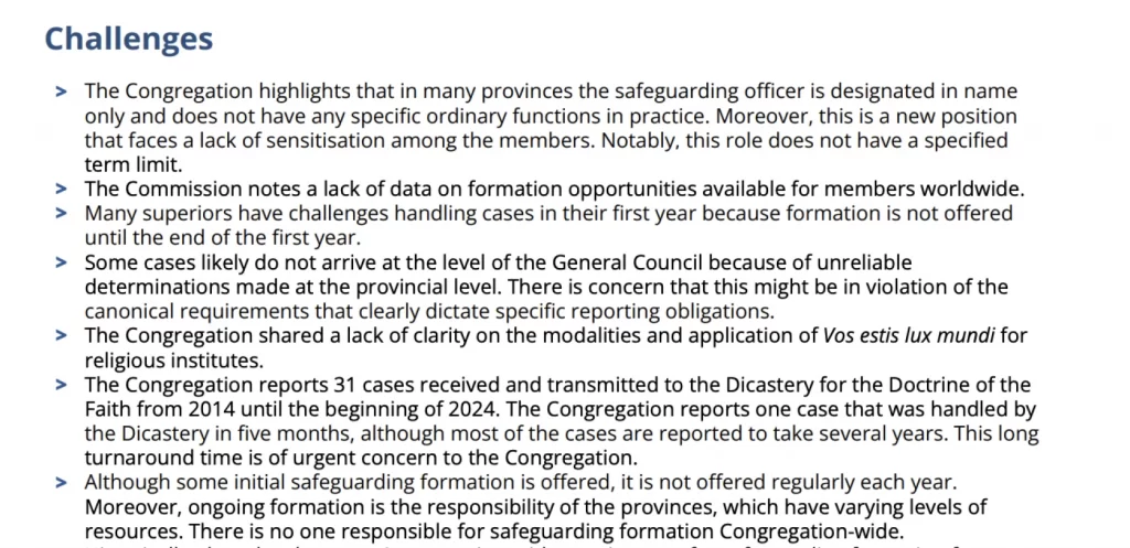 Part of a 2024 Vatican report showing continued “challenges” facing the Spiritans over dealing with and preventing child sex abuse among members. - Pontifical Commission for the Protection of Minors