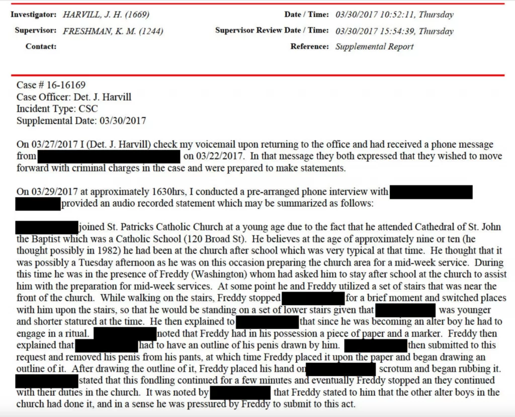 Part of a Charleston, South Carolina, police report detailing some of the allegations against the Rev. Freddy Washington. - Charleston Police Department