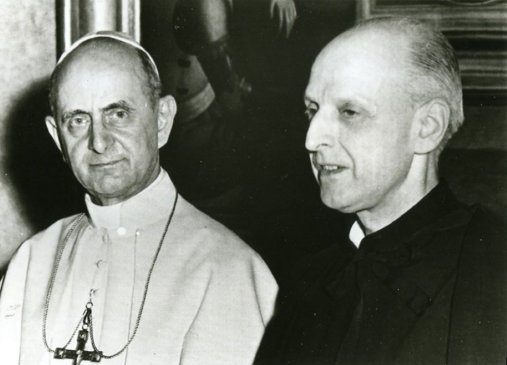 Pope Paul VI is seen in an undated photo with Jesuit Fr. Pedro Arrupe, superior general of the Jesuits from 1965 to 1983. Documents show that the beloved Jesuit, who died in 1991, knew of credible allegations of sexual abuse by a novice later ordained. (CNS/Courtesy Jesuits Global) 