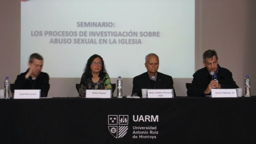 From left to right, Jordi Bertomeu, official of the Doctrine of the Faith, Dafne Zapata, Robert Prevost then bishop of Chiclayo, and Kevin Flaherty, Jesuit priest affiliated with that order in Peru, 2022. Peruvian Jesuits' social media.