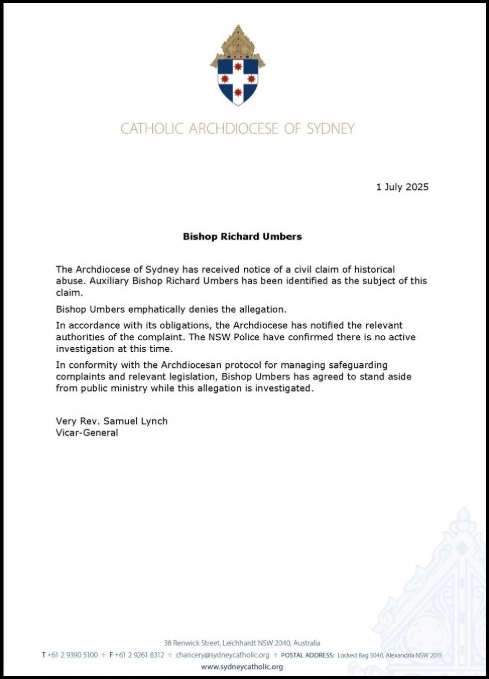 Statement by Sydney Vicar General Samuel Lynch, announcing an allegation of abuse committed by Auxiliary Bishop Richard Umbers.