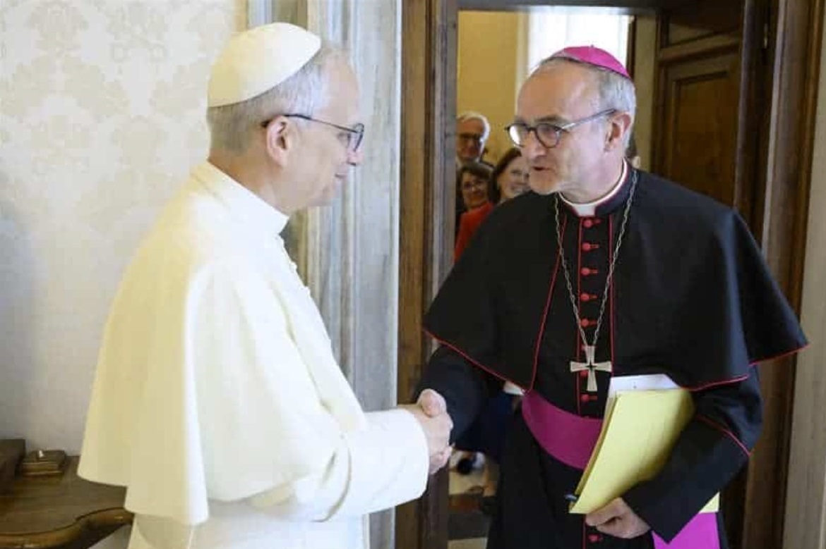 Pope Leo XIV meets with Archbishop Thibault Verny in the Vatican. Credit: Vatican Media.