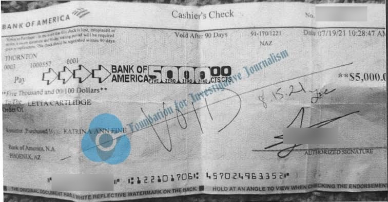 The cheque sent to Cartlidge by Katy.