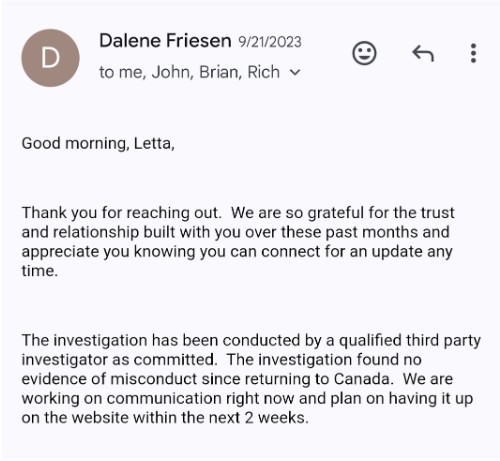 An email by Friesen saying there was no fresh evidence against McDowell since he returned to Canada