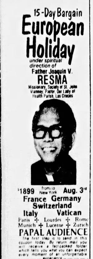 An ad for a European trip with the Rev. Joaquin Resma, 1981. From the El Paso Times archives