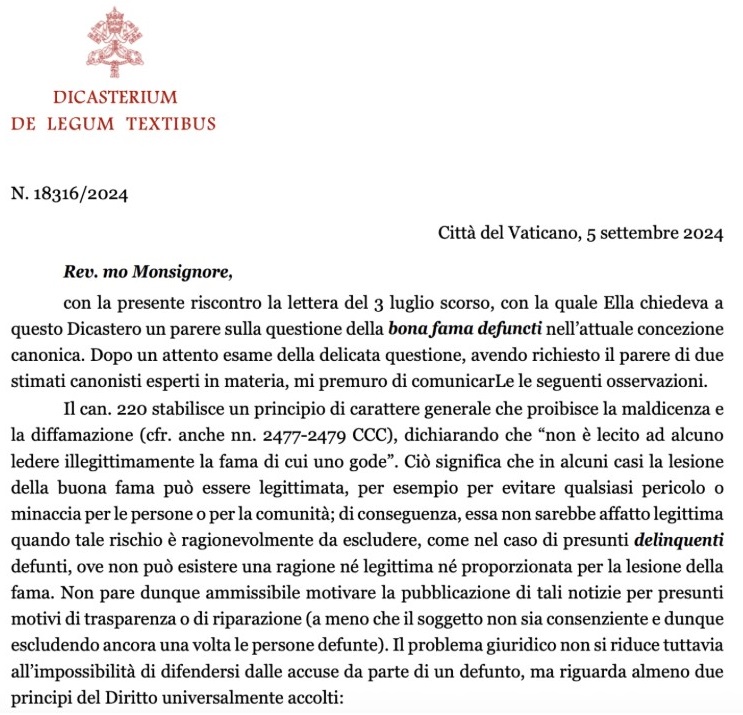 The Vatican opinion, completed in September and released earlier this year. Written in Italian, it advises against church leaders maintaining public lists of clergy deemed by the church to have been credibly accused of child sexual abuse. Dicastery for Legislative Texts