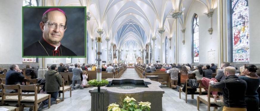 Grand Rapids Bishop David Walkowiak (inset) and the central church in his Michigan diocese, the Cathedral of Saint Andrew. Diocese of Grand Rapids