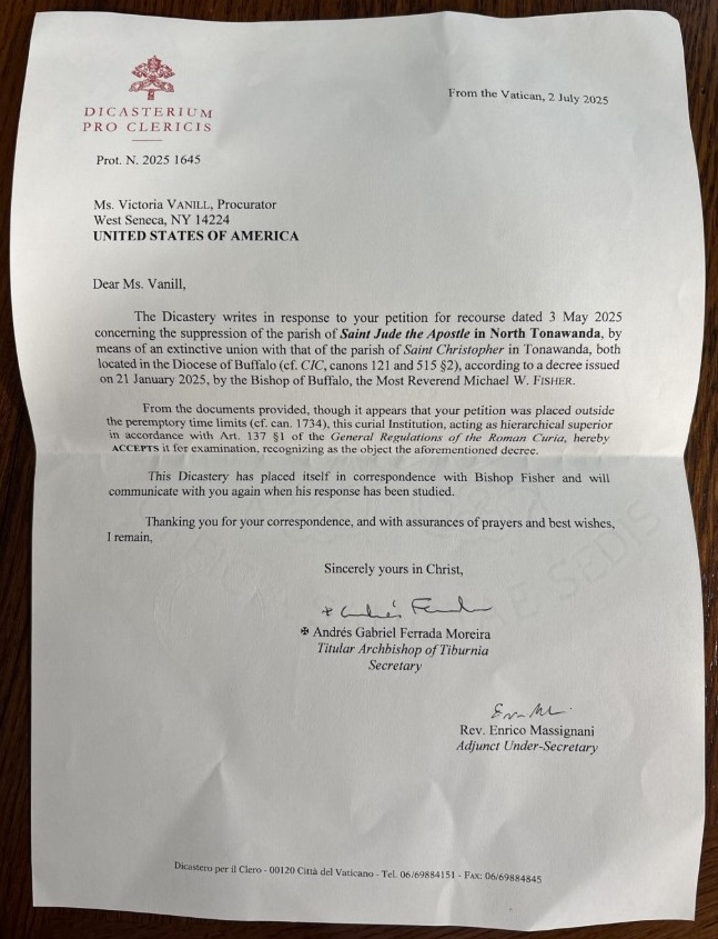 Letter by Andrés Gabriel Ferrada Moreira, Secretary of the Dicastery for Clergy, to Ms. Victoria Vanill, July 2, 2025, regarding the suppression of St. Jude the Apostle Church in North Tonawanda NY. Courtesy Victoria Vanill