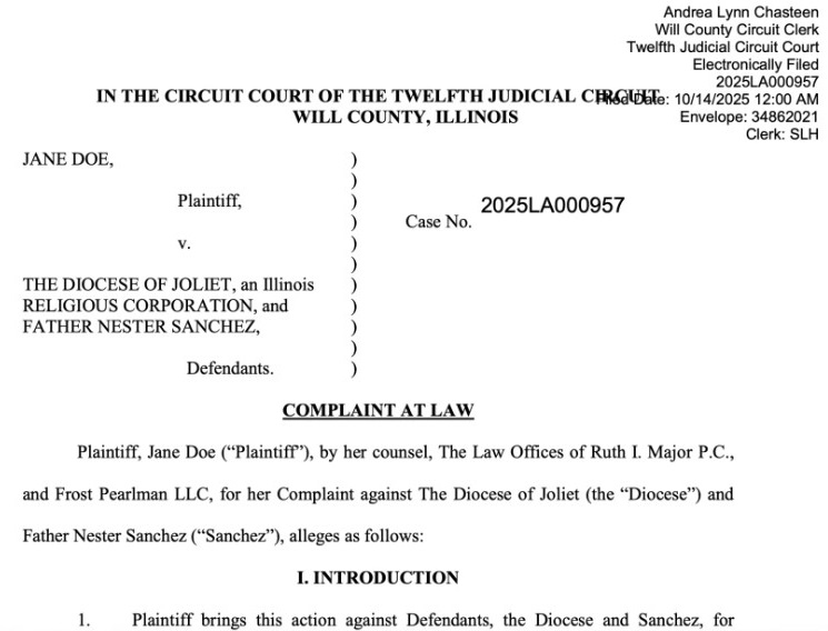 Cover page of a new lawsuit against the Rev. Nestor Sanchez and the Diocese of Joliet. | Provided