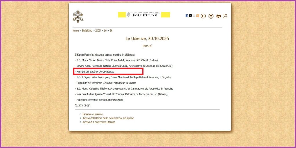 Screenshot of the Italian version of the Bollettino, acknowledging the meeting with ECA.