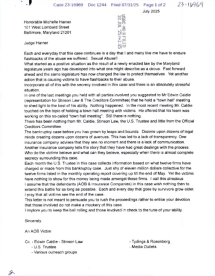 Letter from a Victim of Abuse in the Archdiocese of Baltimore to Judge Michelle Harner, filed Juley 31, 2025