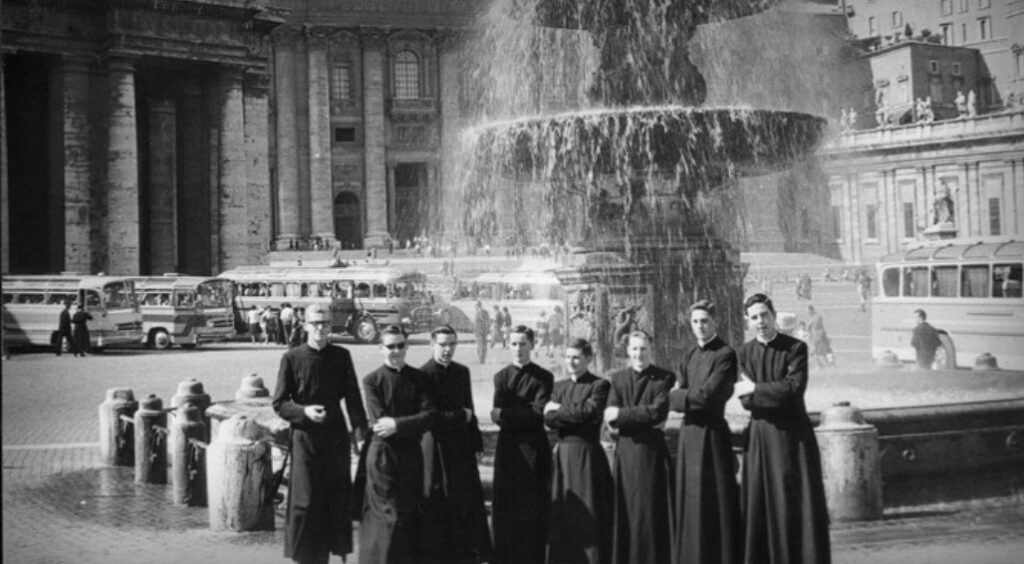 The first group of Irish members of the Legion of Christ near Saint Peter's Square, Rome, ca. 1960. Picture shared by the ReGAIN advocacy group in Facebook.