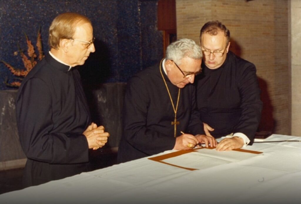 From left to right, Marcial Maciel Degollado, Cardinal Eduardo Pironio and his then secretary, now Cardinal Fernando Vérgez Alzaga, Rome, June 30, 1983. From the Legion of Christ's social media.