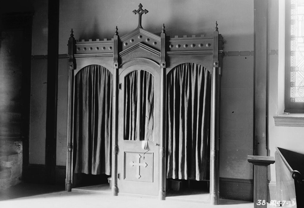 A confessional is seen in the Cathedral of San Carlos Borromeo in Monterey, California, in 1934. (Library of Congress Prints and Photographs Division / Roger Sturtevant)