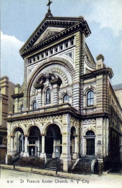 A postcard from circa 1900 shows the facade of the Church of St. Francis Xavier in New York City. (Wikimedia Commons/New York Public Library)