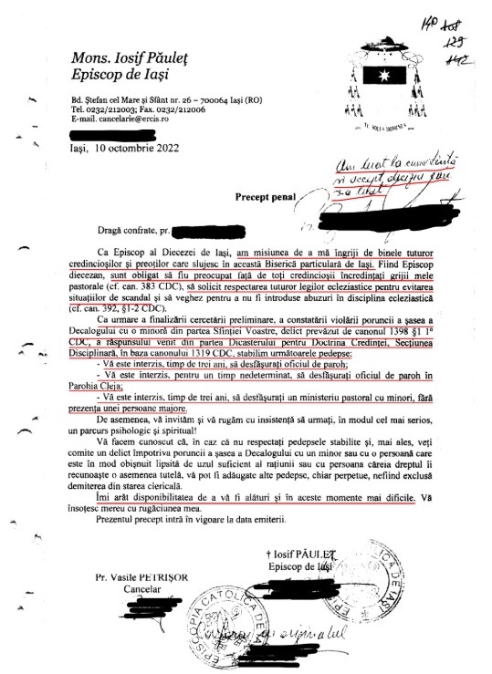 On the paper in which he was informed of the canonical sanction applied in his case, priest Augustin Benchea writes by hand "I have taken note of and accept the decision that was made" and signs it.