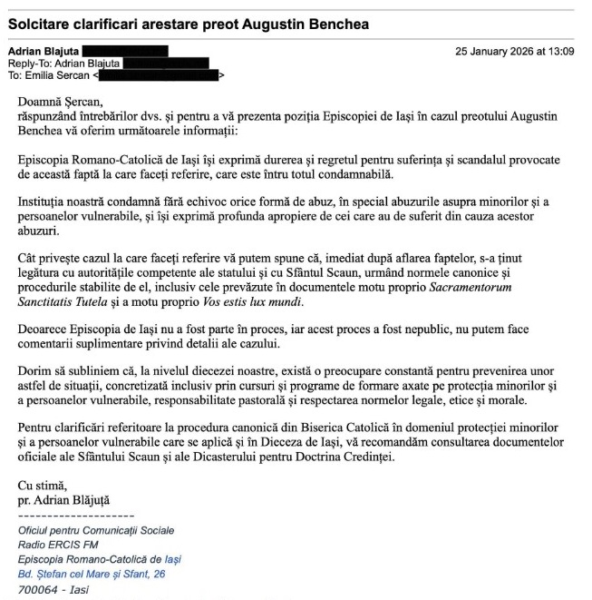 The point of view transmitted to PressOne by the Diocese of Iași.