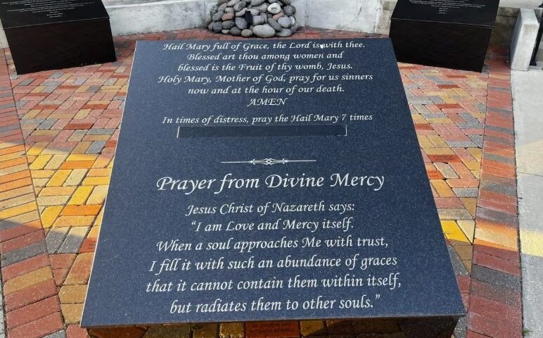 Black tape covers Anthony Odiong’s name on a prayer inscription outside a chapel he helped build in Luling, Louisiana, in his role as a Roman Catholic priest. Photograph: Ramon Antonio Vargas