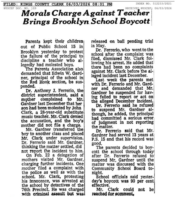 A man who was sexually assaulted multiple times by a sicko Brooklyn teacher years ago won a staggering $18 million jury verdict this week. Kings County Supreme Court, copy of March 3, 1971 news article filed with the court.