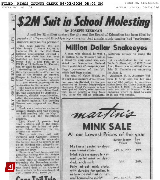 According to a Daily News article dated April 2, 1971, one set of parents sued the city for $2 million. Kings County Supreme Court, news article filed with the court.