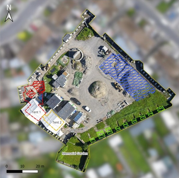 Overview of Tuam site, photo taken 13 July 2026 (white arrow shows North). Credit Office of the Director of Authorized Intervention at Tuam (ODAIT).