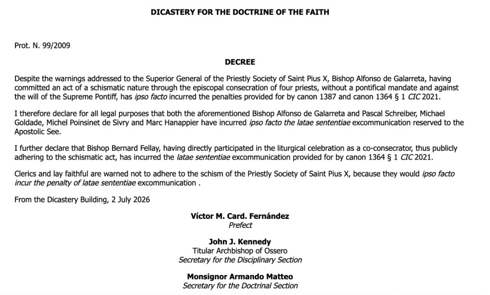 The Vatican’s excommunication decree against the Society of Saint Pius X. Vatican