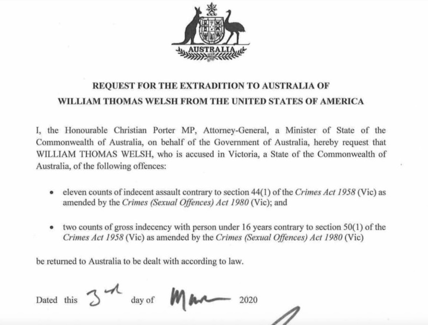 Some of the paperwork that was part of an extradition attempt of William T. Welsh to face child sex charges in Australia. U.S. District Court