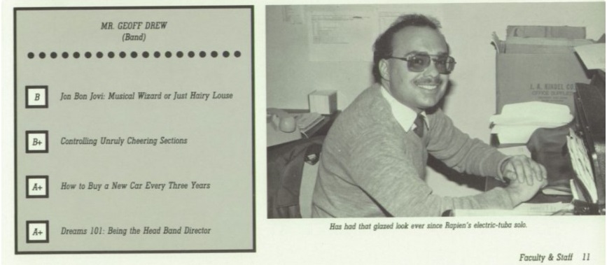 Geoff Drew at Elder High School. Geoff Drew was a music teacher at Elder High School from 1983-1990.