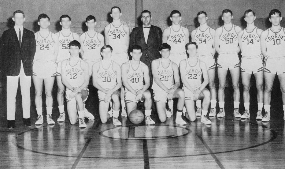 Coach Vincent Dutkowski (center) with Our Lady of Lourdes High School basketball team, Poughkeepsie, NY, 1966