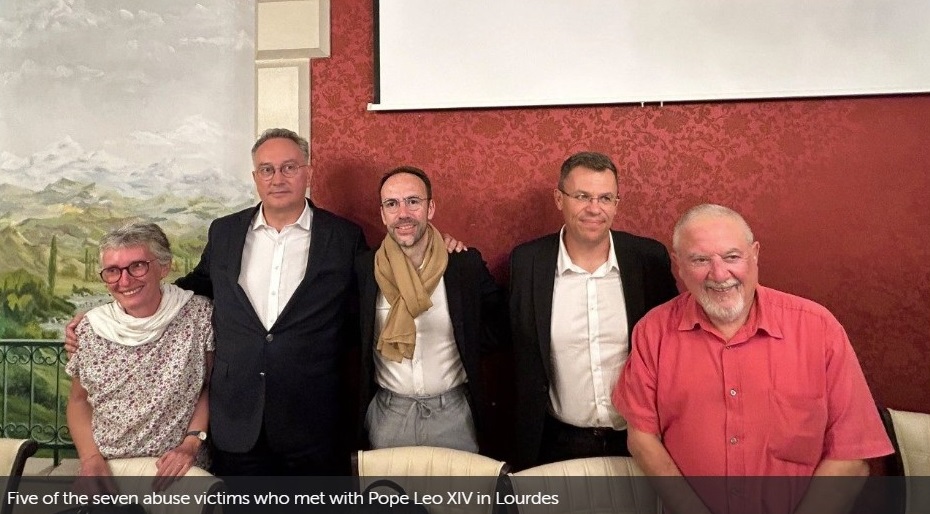 Survivors Véronique Garnier, Olivier Mardi, Jérôme Guillement, Bertrand Virieux, and Jean-Marie Delbos at the press conference after their meeting with Pope Leo on September 27, 2026 in Lourdes, France.