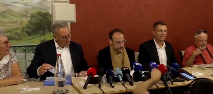Véronique Garnier, Olivier Mardi, Jérôme Guillement, Bertrand Virieux, and Jean-Marie Delbos (L-R) at the press conference after their meeting with Pope Leo in Lourdes, France, on September 27, 2026.